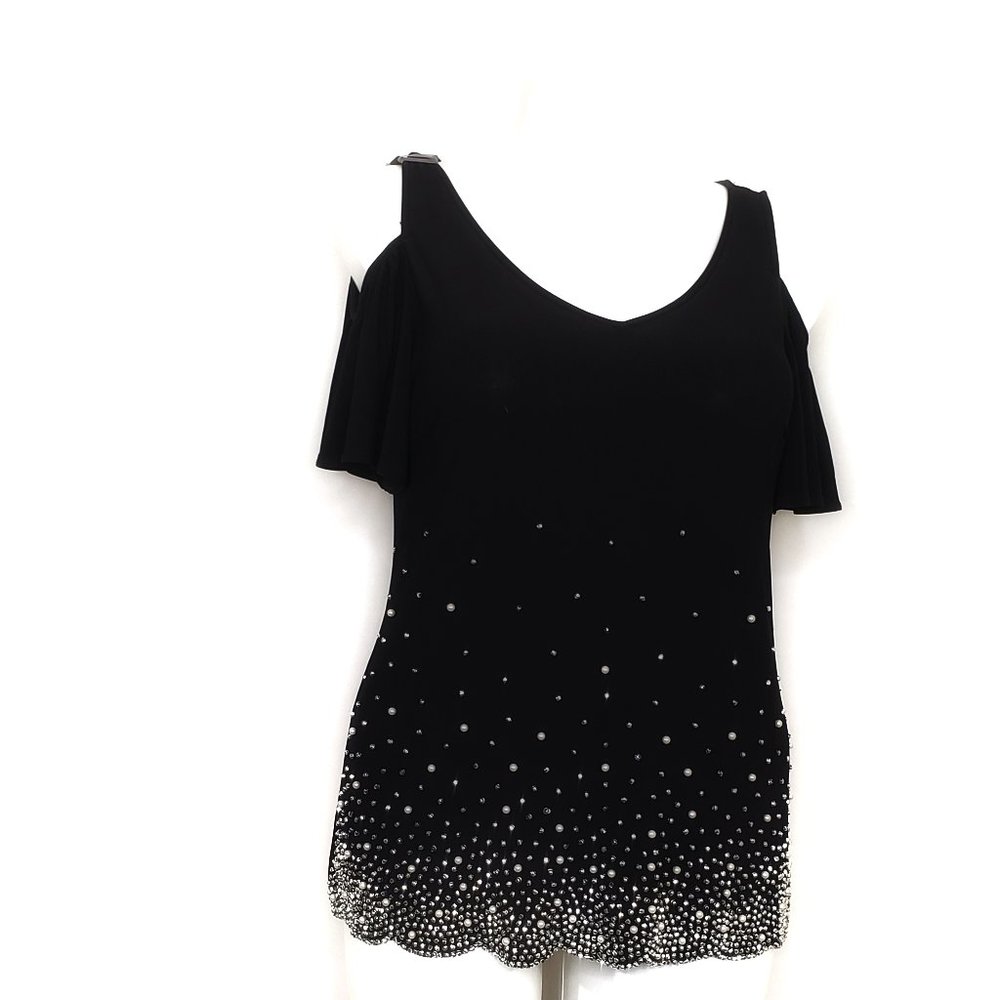 S.Levine Black Beaded Cold Shoulder Blouse Size L